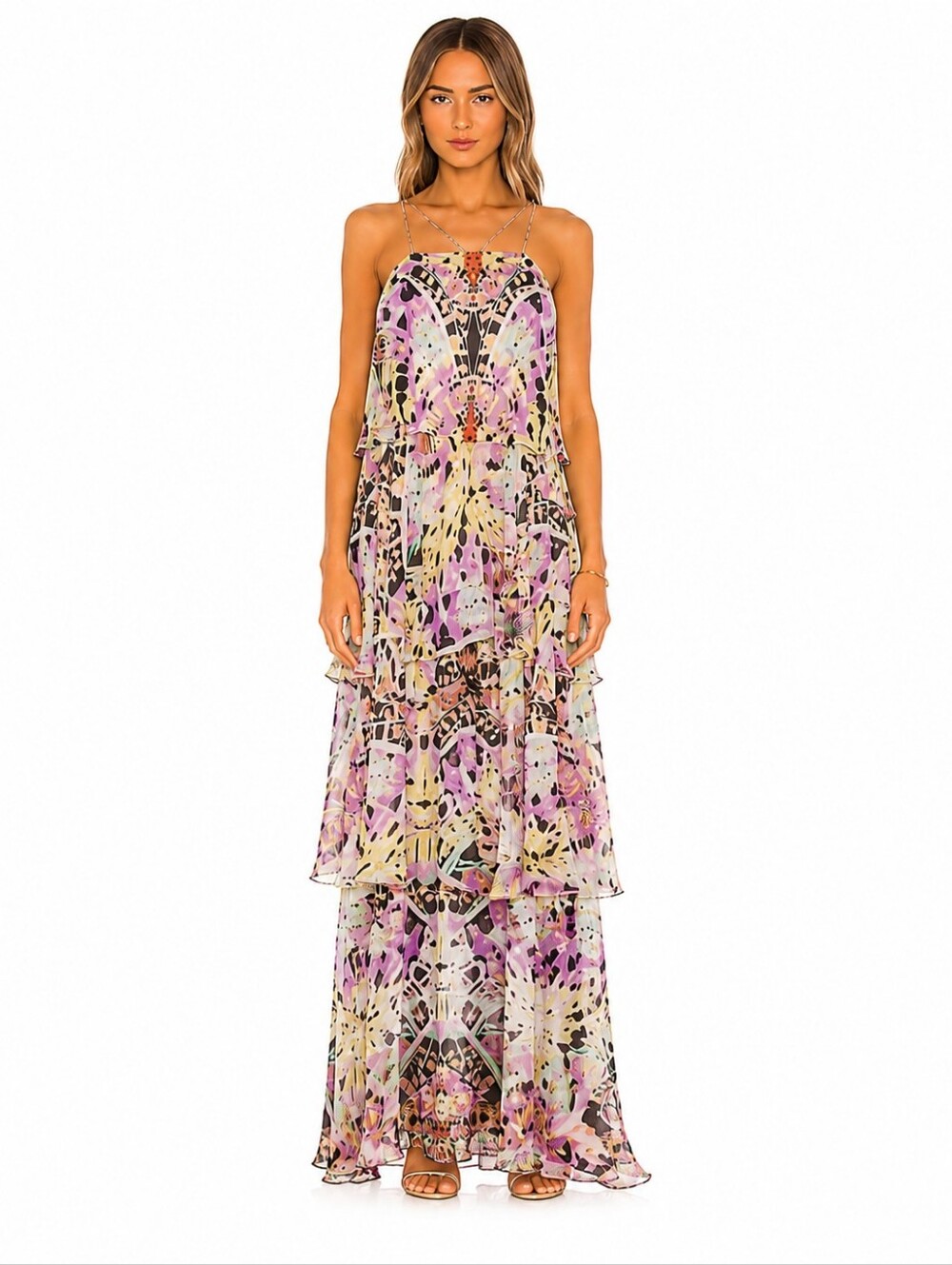 Anthropologie Leifsdottir Butterfly Kaleidoscope Tiered Silk Maxi Dress 4 Guest
